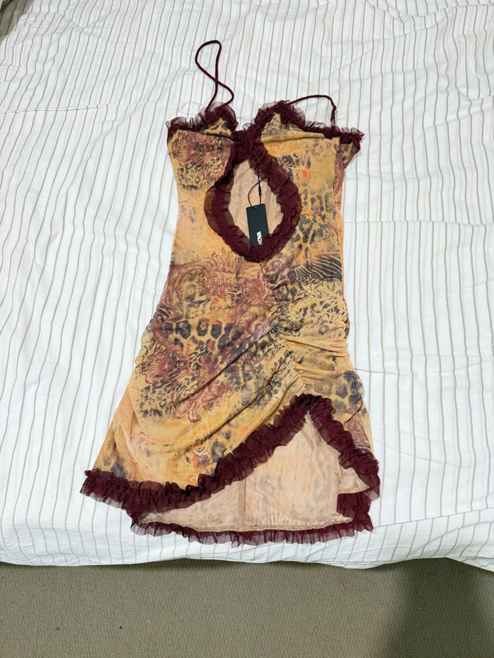 Fashion Nova Beige and Burgundy Sheer Printed Slip Dress